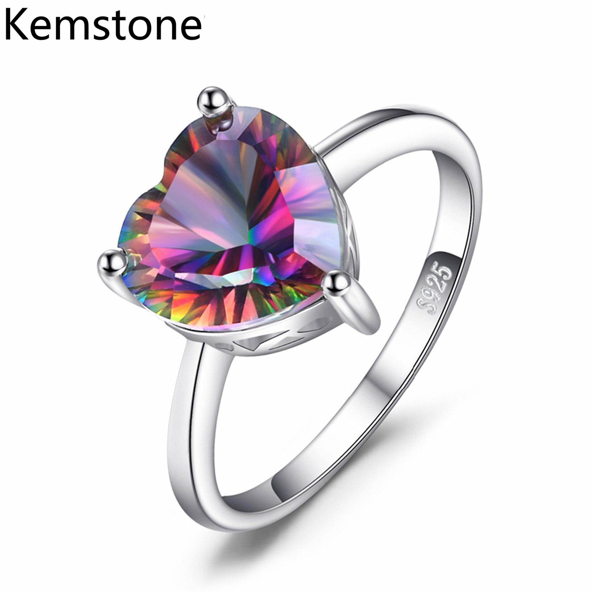 Kemstone Fashion Platinum Plated Heart Shaped Colorful Cubic Zirconia Prong Setting Rings for Women
