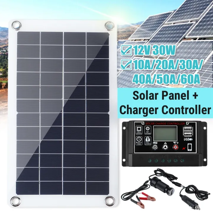30w 12v Solar Panel Monocrystalline Silicon Battery Charger Kit Controller Lazada Singapore