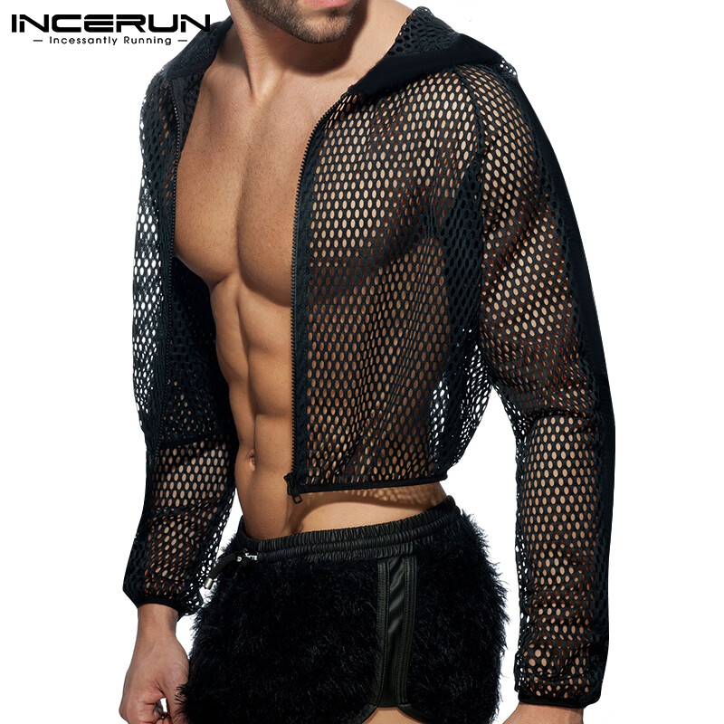 (Western Mesh Style) INCERUN Mens Long Sleeve Fish Net Hooded Coat Casual Sport Gym Muscle Crop Jackets Tops
