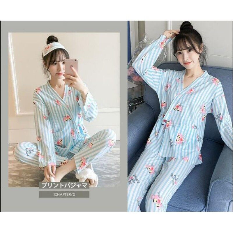 Nơi bán Xuân Hè Hai Mảnh Bộ Đồ Ngủ Kimono Nhật Bản Sexy V Cổ Tay Áo Dài Cotton Phụ Nữ Quần Áo Ngủ In Hình