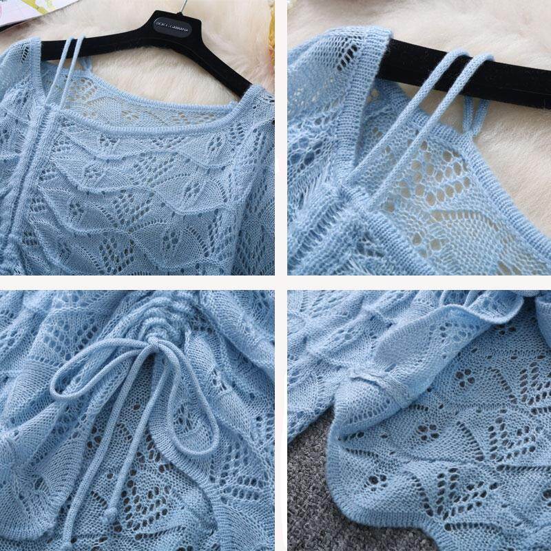 Ladies Hollow Crochet Knitted Sweaters Casual Drawstring Long-sleeved Pullover Short Sweaters Top