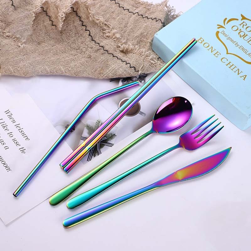 Reusable Travel Utensils, 7 Piece Portable 304 Stainless Steel including Cutter Fork Spoon Chopsticks Cleaning Brush Straws Portable Pouch, Eco-friendly Camping Silverware Set