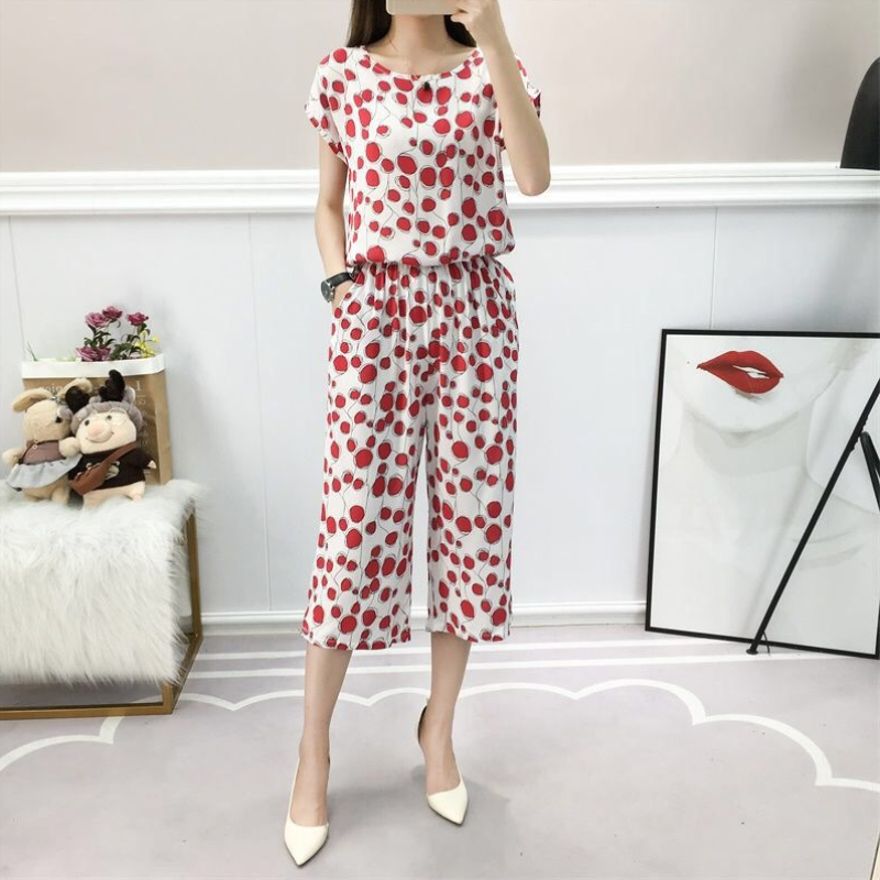 Cotton Silk Wide Leg Pants Suit, Female Summer New Fashion Casual Loose Printed Cropped Trousers Two-Piece Set