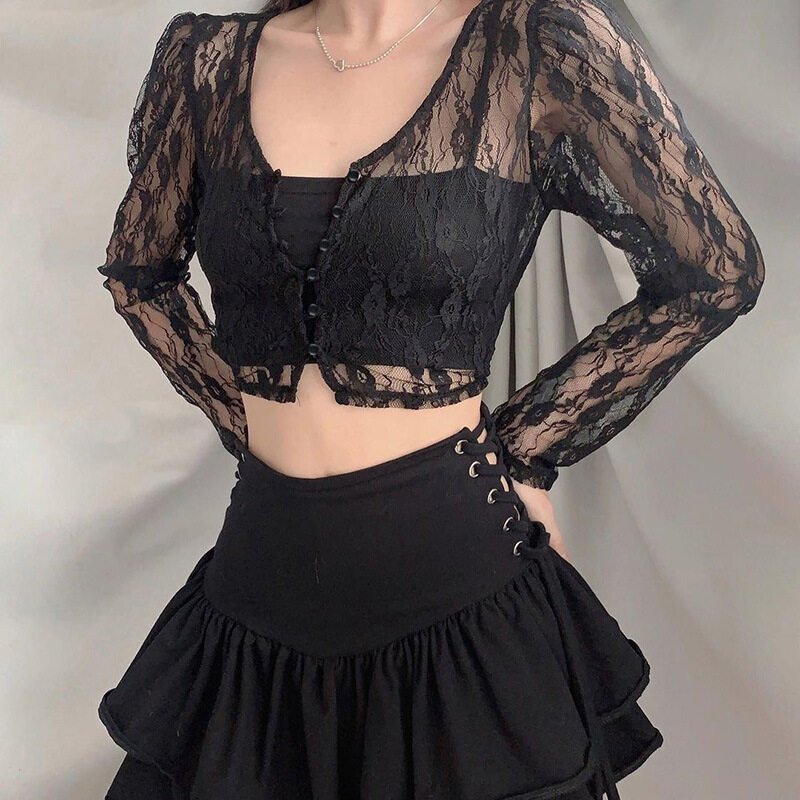 Beautifultime Áo Ống Gợi Cảm Thời Trang Mới Cho Nữ Áo Hở Eo Ren Xuyên Thấu Áo Thun Nữ Dáng Ôm Có Cúc Cổ Điển Cổ Chữ V Tay Dài Trang Phục Hộp Đêm Y2k