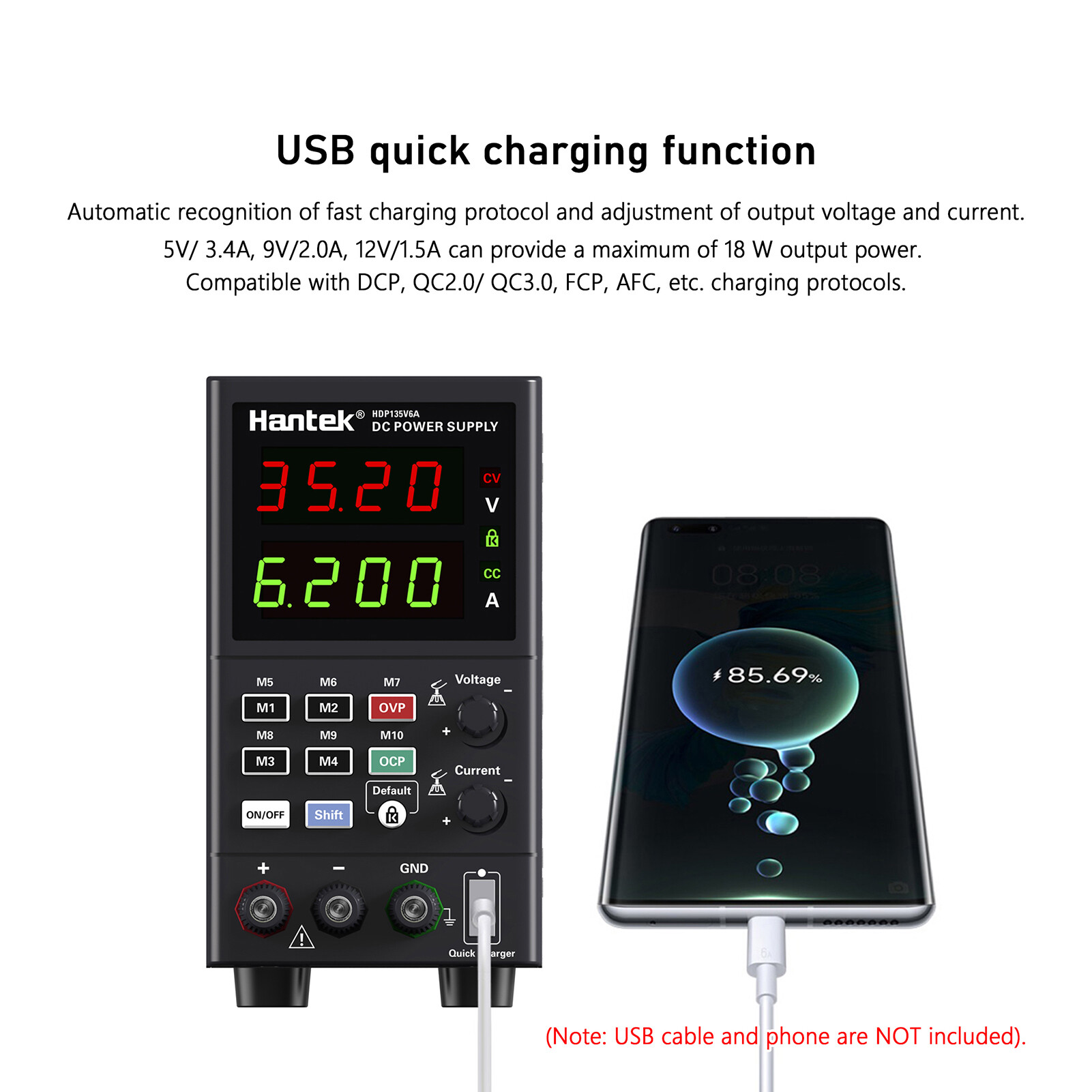 KKmoon Hantek HDP135V6A Digital Bench DC Power Supply Variable 35V 6A Adjustable Switching Regulated Power Supply CV CC with Data Storage, On/ Off Output, USB Quick Charge, PC Software Control, Encoder Adjustment Knob