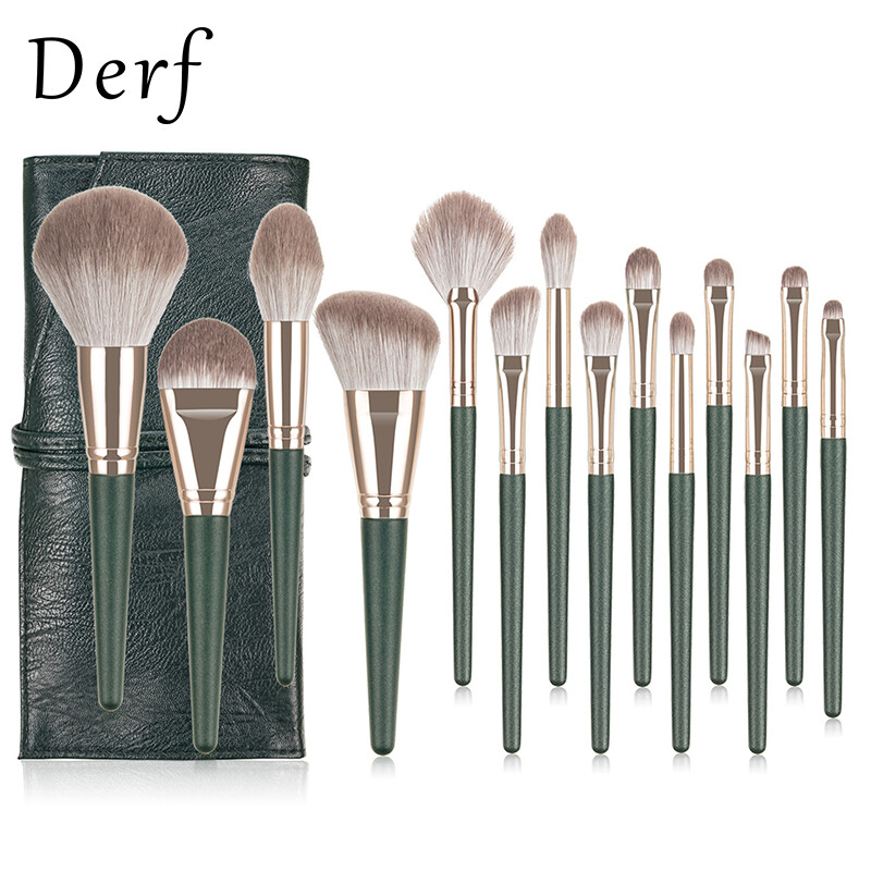 Derf Green Makeup brush Set Makeup brushes eye brush Blush Brush Concealer Brush Foundation Brush face brush Makeup Brush set With bag 14Pcs