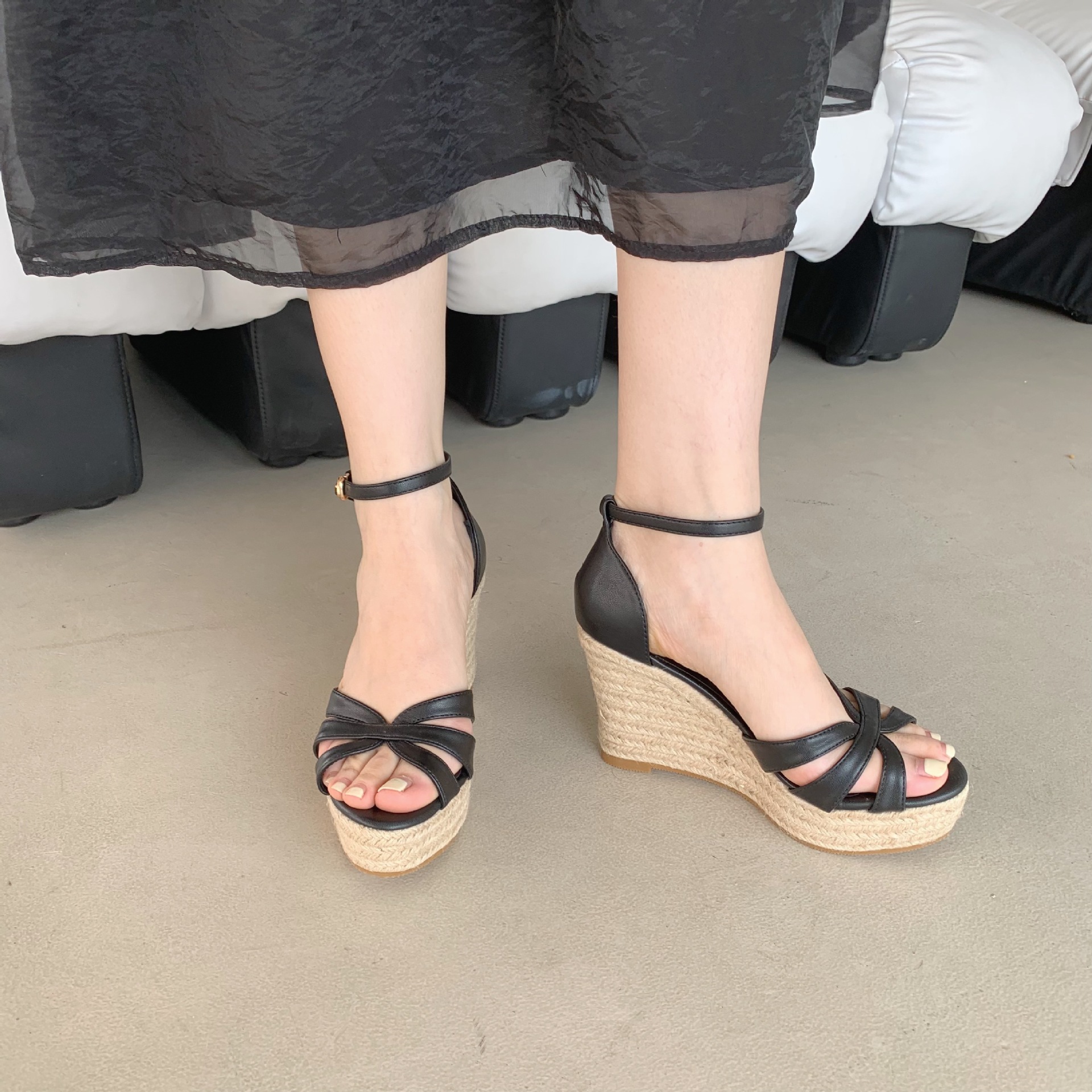 Women's Summer New Rope Bottom Peep Toe Wedge Sandals 9cm