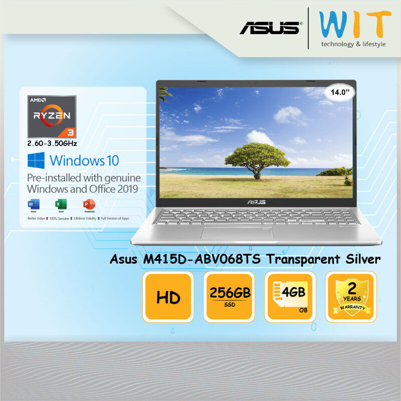 Asus Laptop M415D-ABV068TS Transparent Silver/AMD Ryzen 3-3250U 2.60~3.50GHz/4GB OB/256GB SSD/14.0HD/AMD Share Malaysia