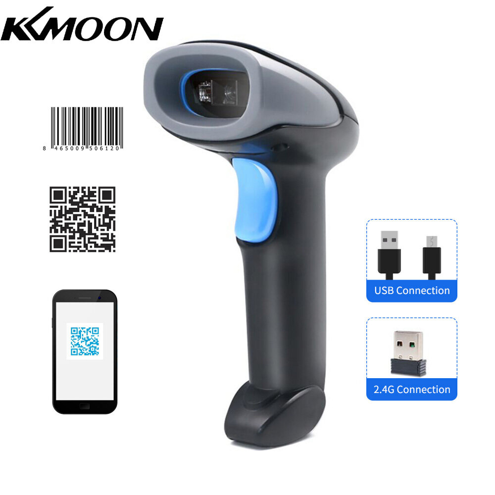KKmoon Handheld Barcode Scanner 1D/2D/QR Code Scanner 2.4G Wireless & USB Wired Bar Code Reader Compatible with Windows Mac Linux for Supermarket Retail Library Logistics Warehouse