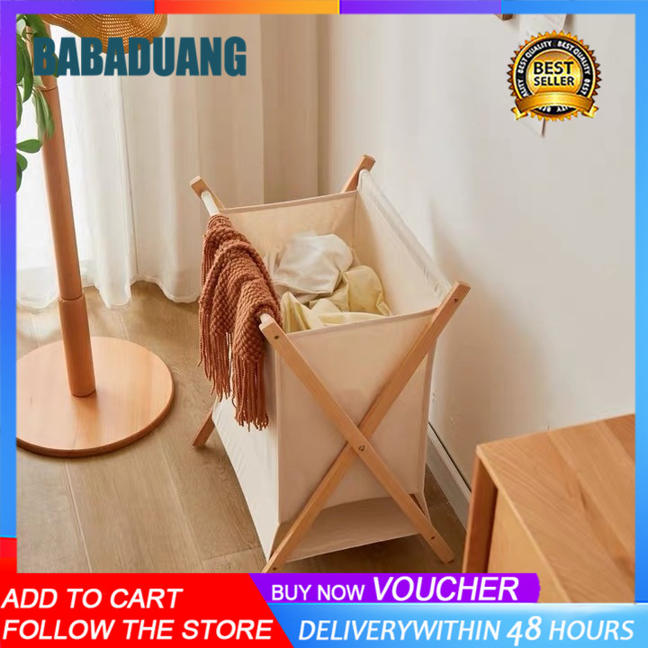 Collapsible Wood X-Frame Laundry Hamper with Fold Over Lid