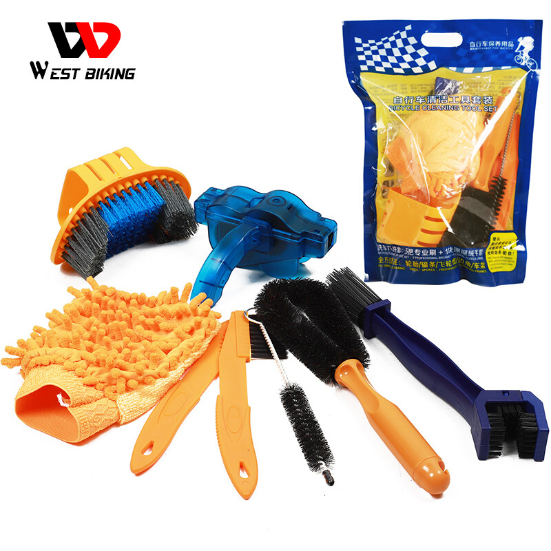 West Biking Bicycle Chain Cleaner Mountain Road Bike Wash Tool Set Scrubber Brushes Cycling Cleaning Kit Repair Tools 8 PCS Bicycle Accessories