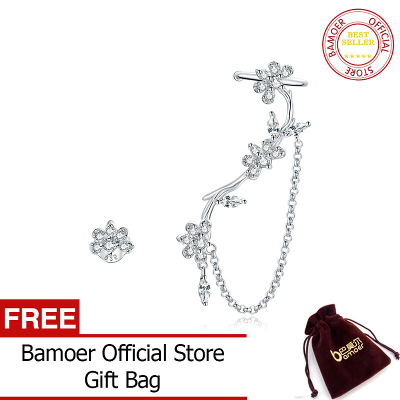 BAMOER Silver Blossoming Flowers Earring 925 Sterling Silver Asymmetric Clear CZ Earring for Women Wedding Trendy Jewelry BSE476