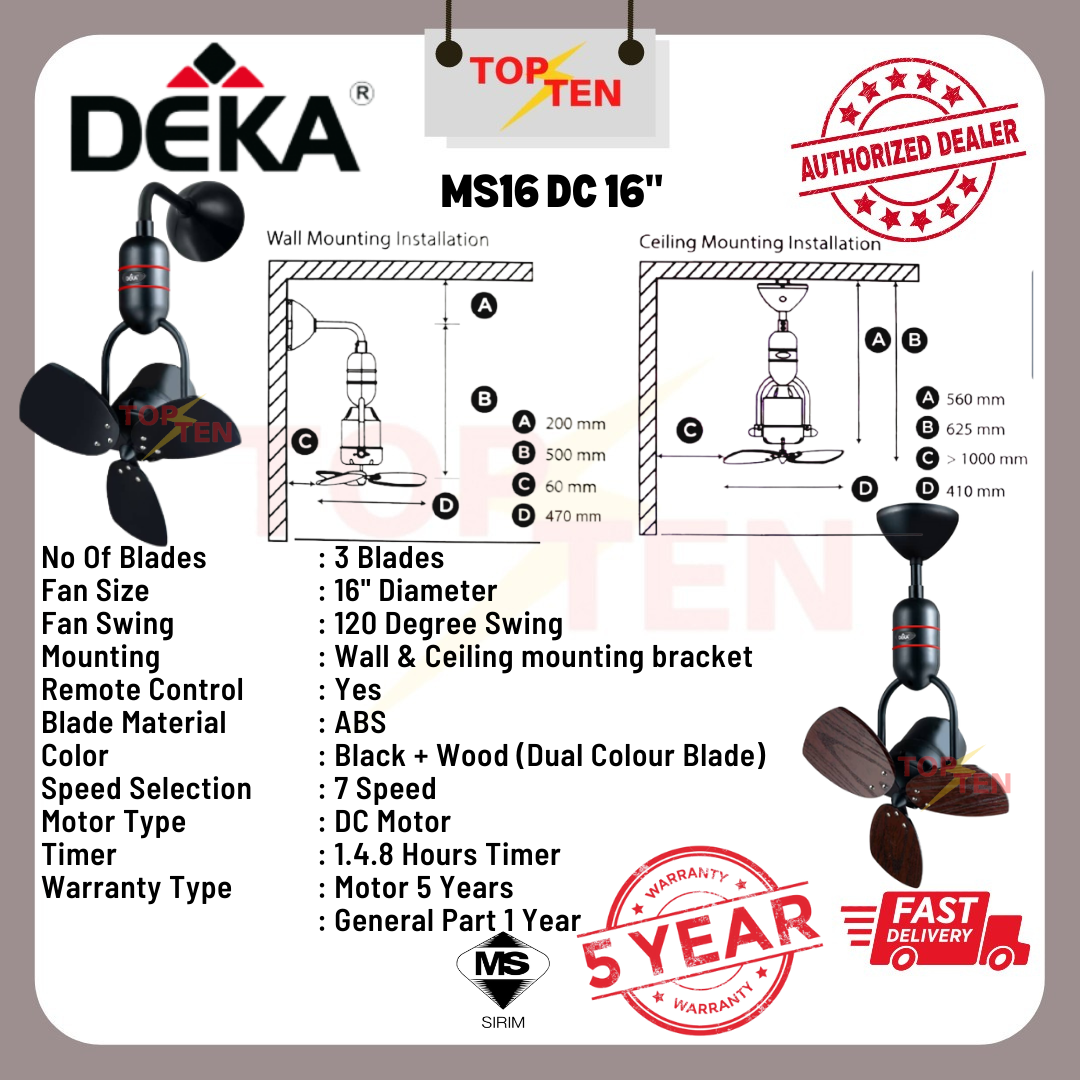 Deka Corner Fan Series MDC3 MS16 DC MDC168 Kitchen Fan16" 7 Speed