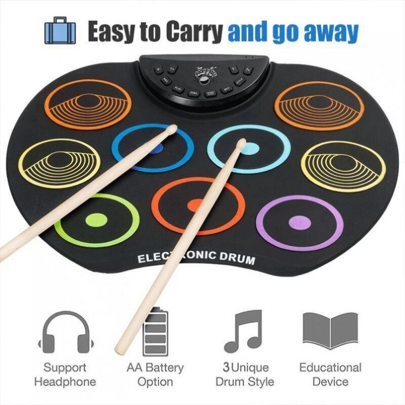 Điện Tử Kỹ Thuật Số USB 9 Pads Đầy Màu Sắc Cuộn Lên Bộ Silicone Điện Drum Kit Với Dùi Trống & Duy Trì Bàn Đạp