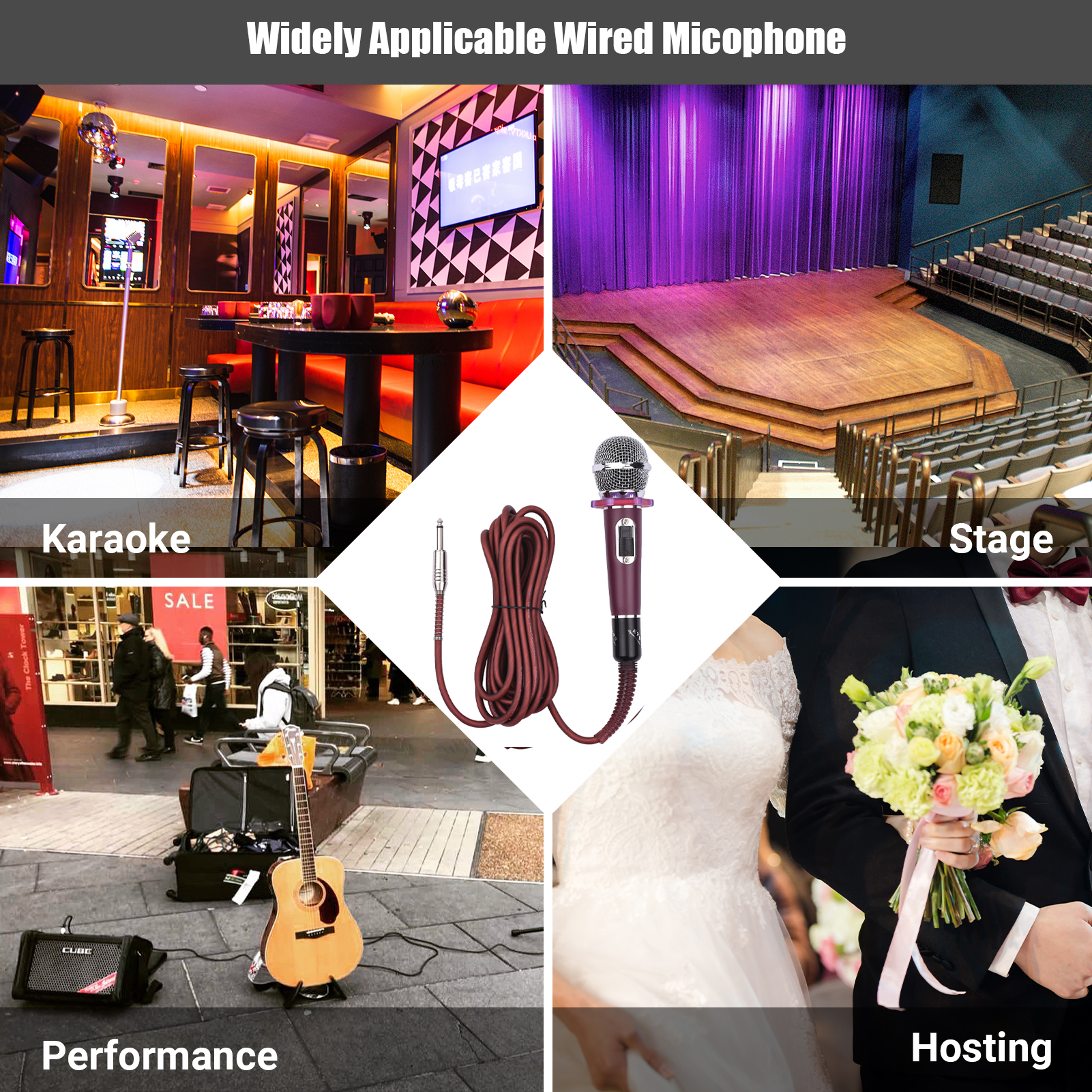 Dynamic Handheld Cardioid Condenser Microphone Wired Mic 4.5m/15ft Cable 6.35mm Plug for Music Singing Karaoke Stage Live Performance