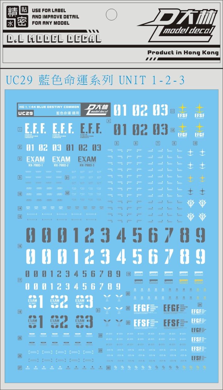 UC29 [DL] Gunpla Waterslide Decal for HG 1/144 RX79BD Blue Destiny