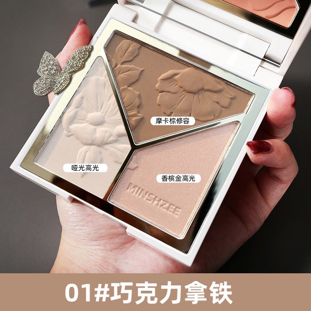 MINSHZEE 3 In 1 Highlight Blush Palette Shadow Highlighting Shimmers Glitters Blush Palette Matte Tricolor Sculpting Powder Palette