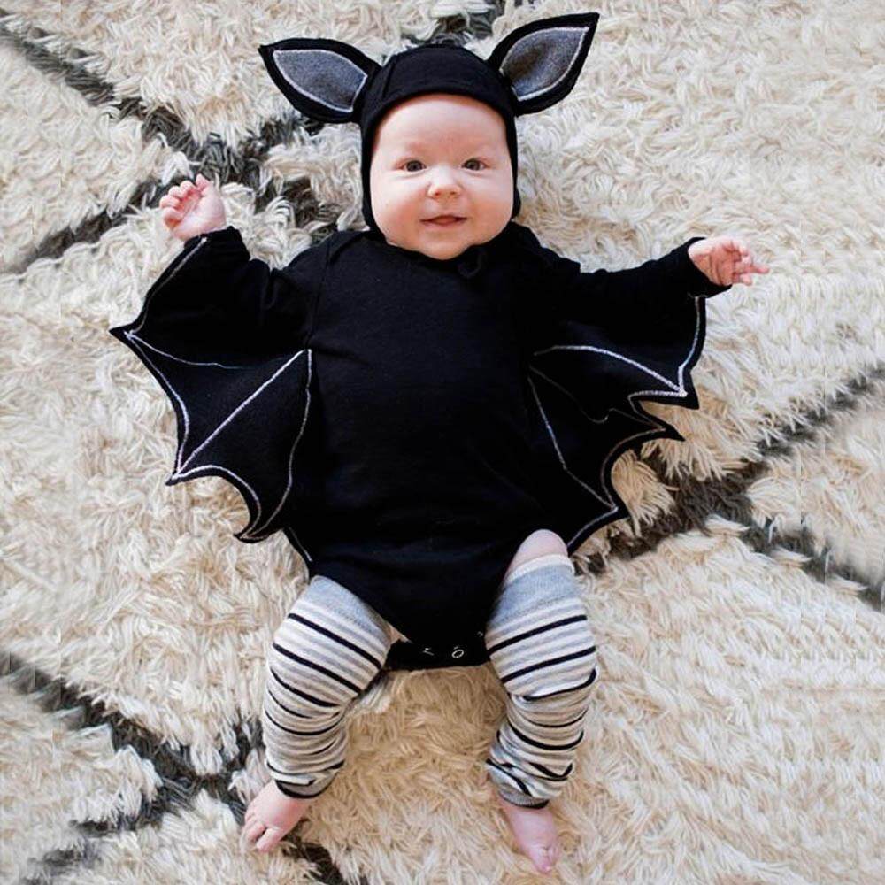 [HUADOAKA]Toddler Newborn Baby Boys Girls Halloween Cosplay Bat Costume Romper Hat Outfits Set