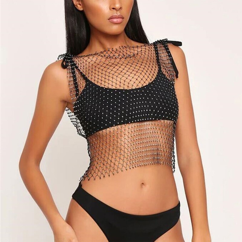 Women Sexy Sleeveless Mesh Tank Top Rhinestone Fishnet Beach Bikini Coverup Vest