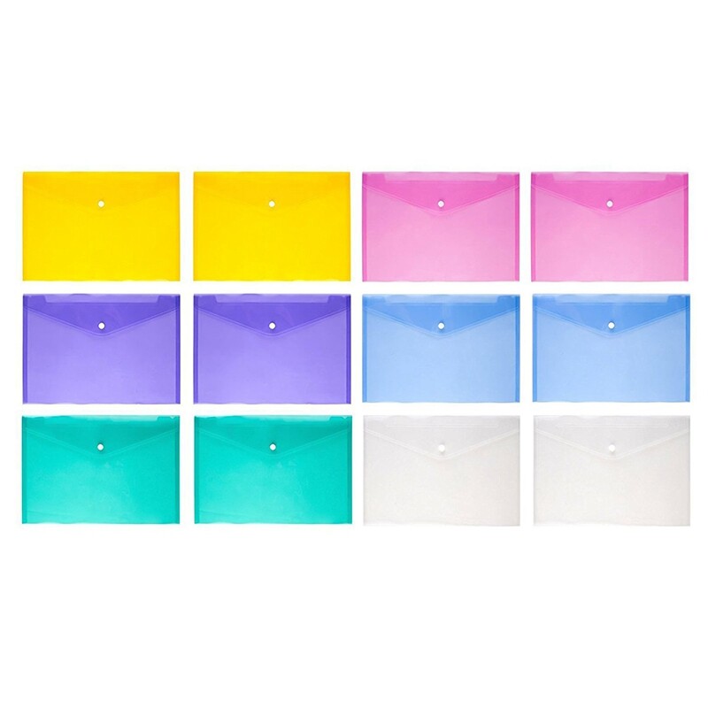 12Piece Multi File Envelope PVC Snap Button File Bag 6 Colors A4 Plastic with Business Card Holder File Bag