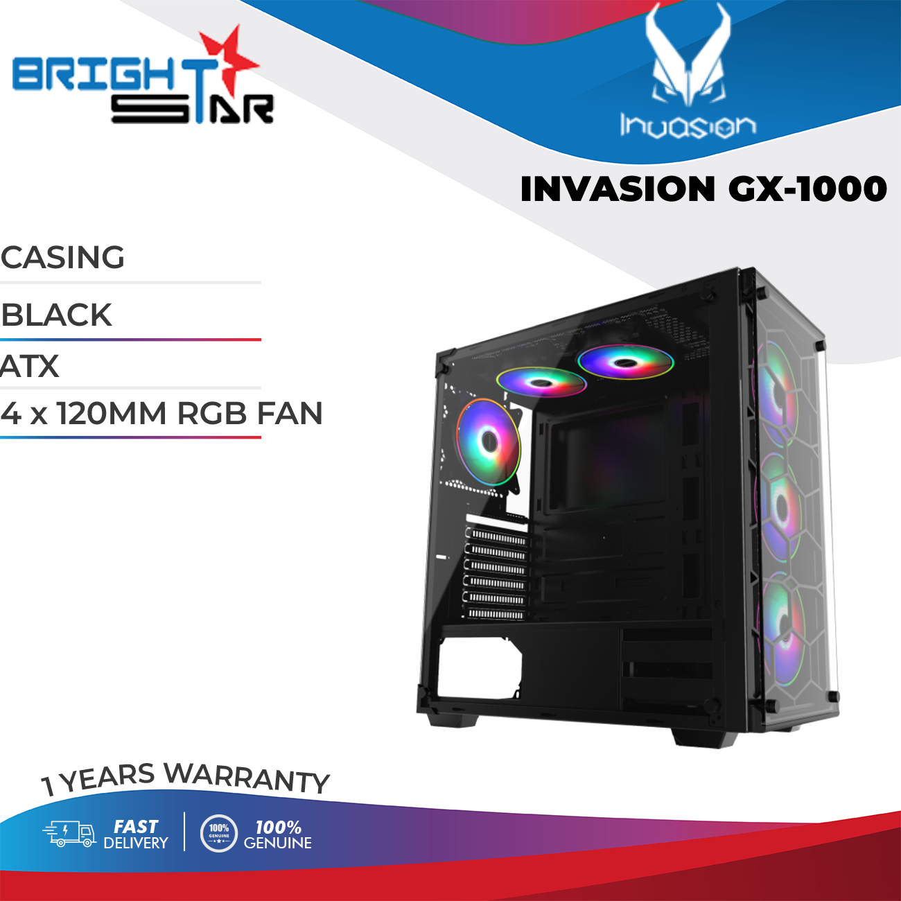 PC CASE / INVASION GX-1000 / BLACK / ATX / 4 x 120MM RGB FAN / 1Y ...