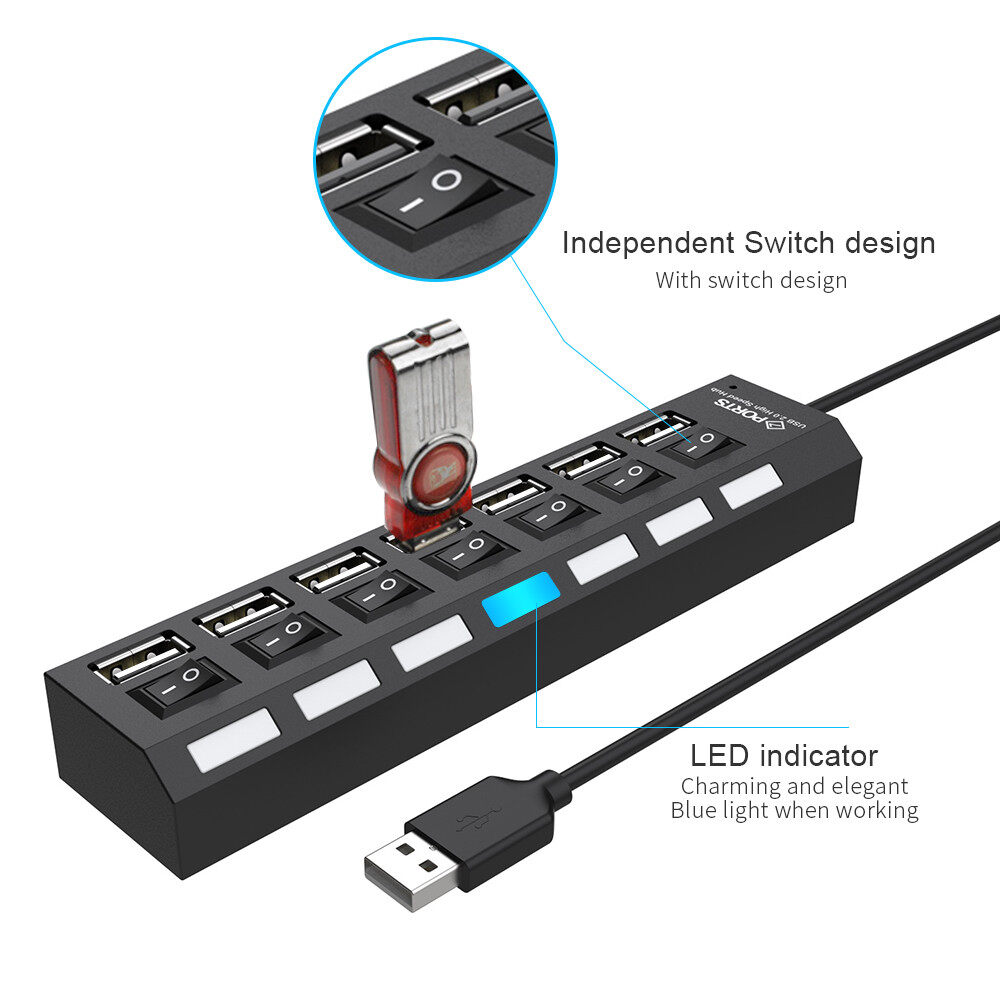 Hub USB 2.0 7 Cổng, Với Công Tắc Nguồn LED Riêng Lẻ, Bộ Chia Dữ Liệu Di Động Mỏng Cho...