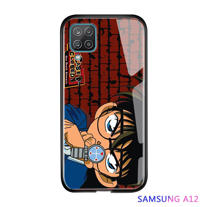 UCUC Casing For Samsung Galaxy A12 case SamsungA12 Shockproof Anime For Girls Women Detective Conan Case Closed Casing Jimmy Kudo Glossy Tempered Glass Phone Back Cover Case