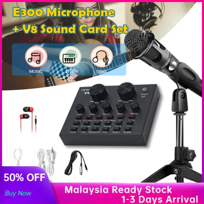 V8 Sound Card Set+ E300 Microphone Set For Pc Studio Microphone Braodcasting Singing Recording Karaoke Kit Broadcast Sing Vocal Audio Live Sound Card for Mobile Phone Computer PC Youtube Tik-Tok