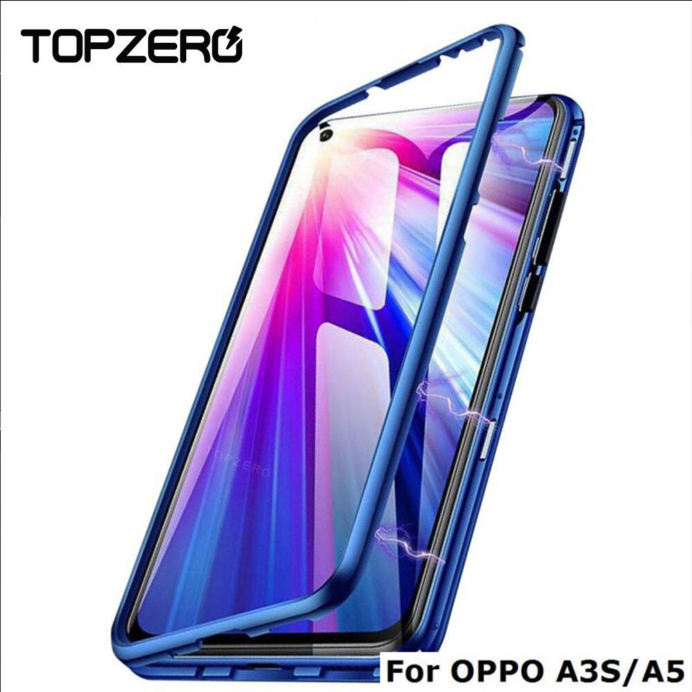 TOPZERO For OPPO A3S A5 Magnetic Adsorption Metal Bumper Case Luxury Tempered Glass 2 in 1 Magnet Cover Cases