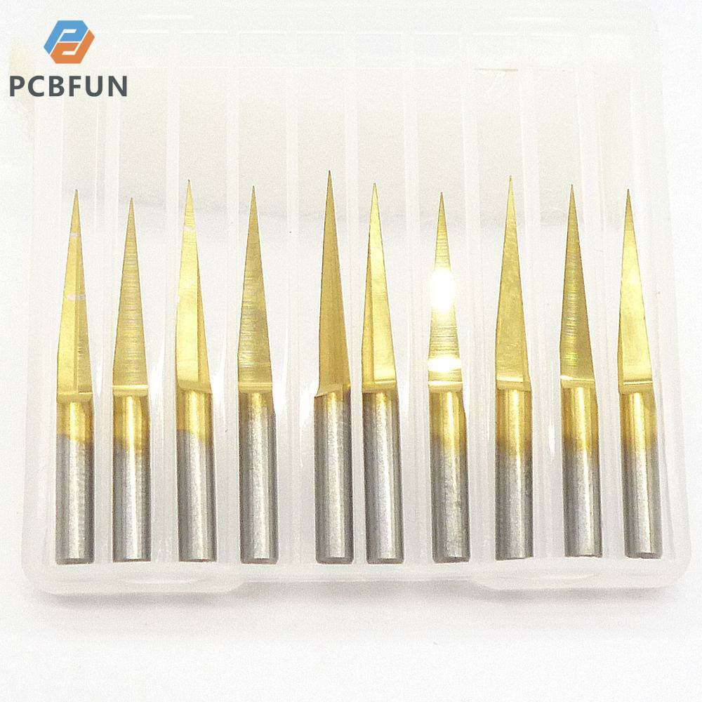 Pcbfun aluminum plated carbide 3.175mm PCB engraving CNC milling cutter 10 degrees 0.1mm plane engraving cutter