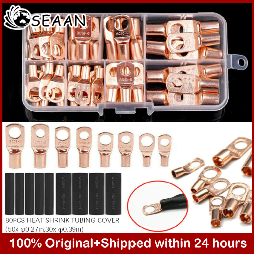 140/220 Pieces SC Bare Terminals lug Tinned Copper Tube Lug Ring Seal Battery Wire Connectors Bare Cable Crimped/Soldered Terminal Kit
