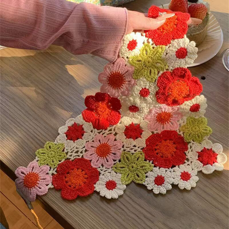 Flower Triangle Headband Ins Hollow Triangle Scarf Women Knitted Retro Headscarf