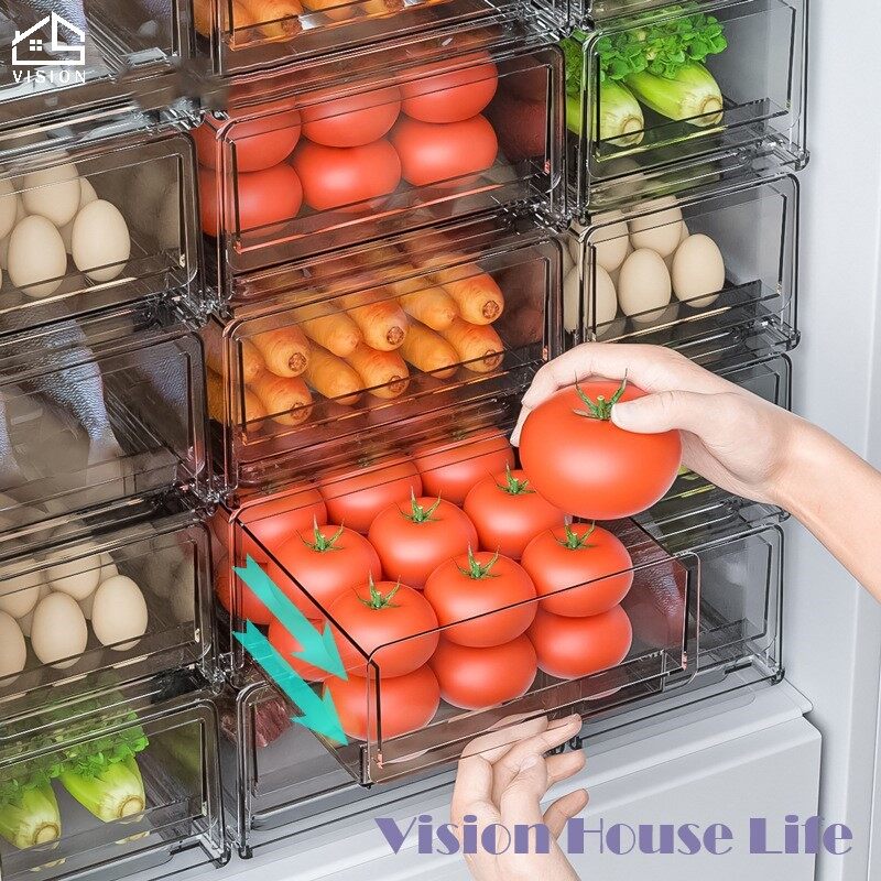 Vision Hộp Đựng Tủ Lạnh Có Thể Xếp Chồng Cho Thú Cưng Hộp Bảo Quản Tủ Lạnh Bằng Nhựa Trong Suốt Ngăn Kéo Tủ Lạnh, Hộp Đựng Đồ Thoát Nước Nhà Bếp Hộp Đựng Trái Cây Và Rau Củ Đông Lạnh