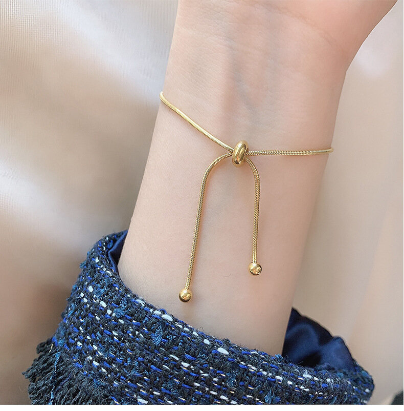 Yuki's 2020 Simple Design Gold Color Snake Chain Bangle Pull-out Adjustable Bracelet for Women Girl Men Beads Jewelry 22cm