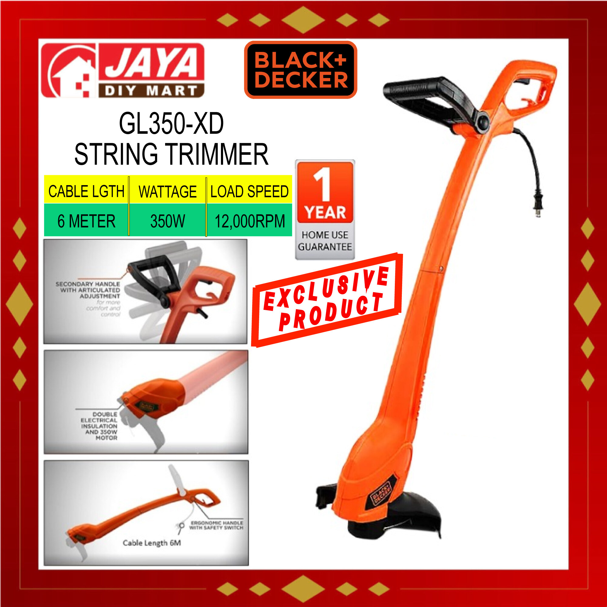 BLACK & DECKER GL350XD 350W 12,000RPM 6.5AMP STRING TRIMMER JAYA DIY