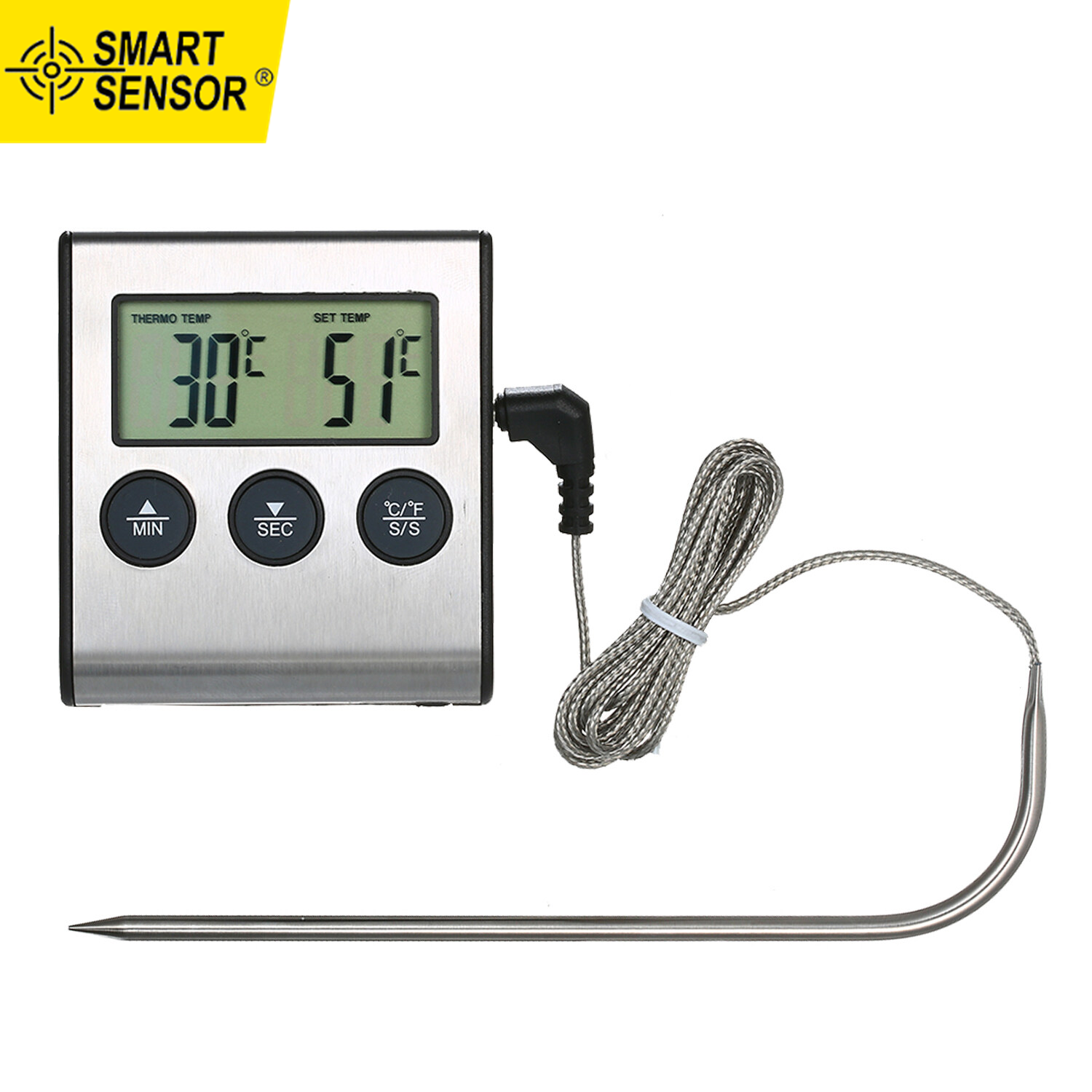 Smart Sensor BBQ Grill Ther-mometer Food Ther-mometer 0~250°C Food Cooking Ther-mometer with Alarm Timer Function LCD Digital Food Tem-perature Gauge for Kitchen BBQ Steak Barbecue