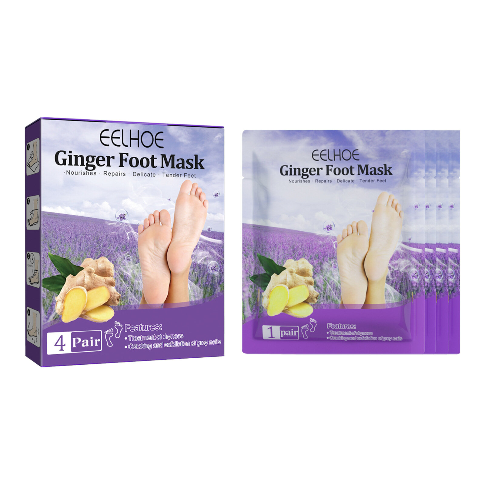 EELHOE Ginger Lavender Foot Mask Moisturizing Exfoliating Scrub Remove Dead Skin Peeling Off SPA Nourishing Soften Heel Exfoliating Foot Mask Ginger Moisturizing Whitening Feet Peeling Mask Spa Dead Skin Remover Foot Care