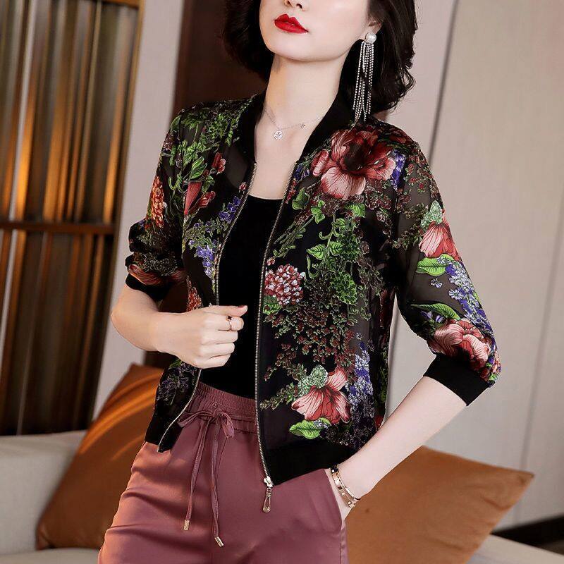 Plus Size Women Thin Chiffon Printed Jacket Casual Baseball Coat