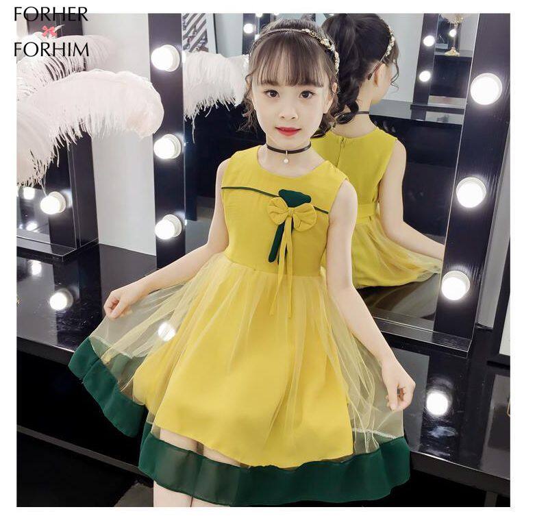FORHER FORHIM Girls' Dress Summer Yellow beautiful princess dress pink baby sundress New Children's Wear Skirt Super Foreign Style Long Skirt HFB0140