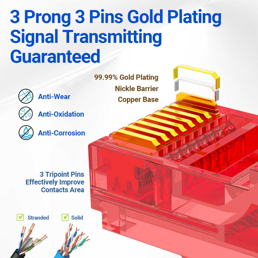 AMPCOM CAT6 RJ45 Pass Through Connectors EZ to Crimp Modular Network Connector For Computer Hardware Stranded UTP Cable