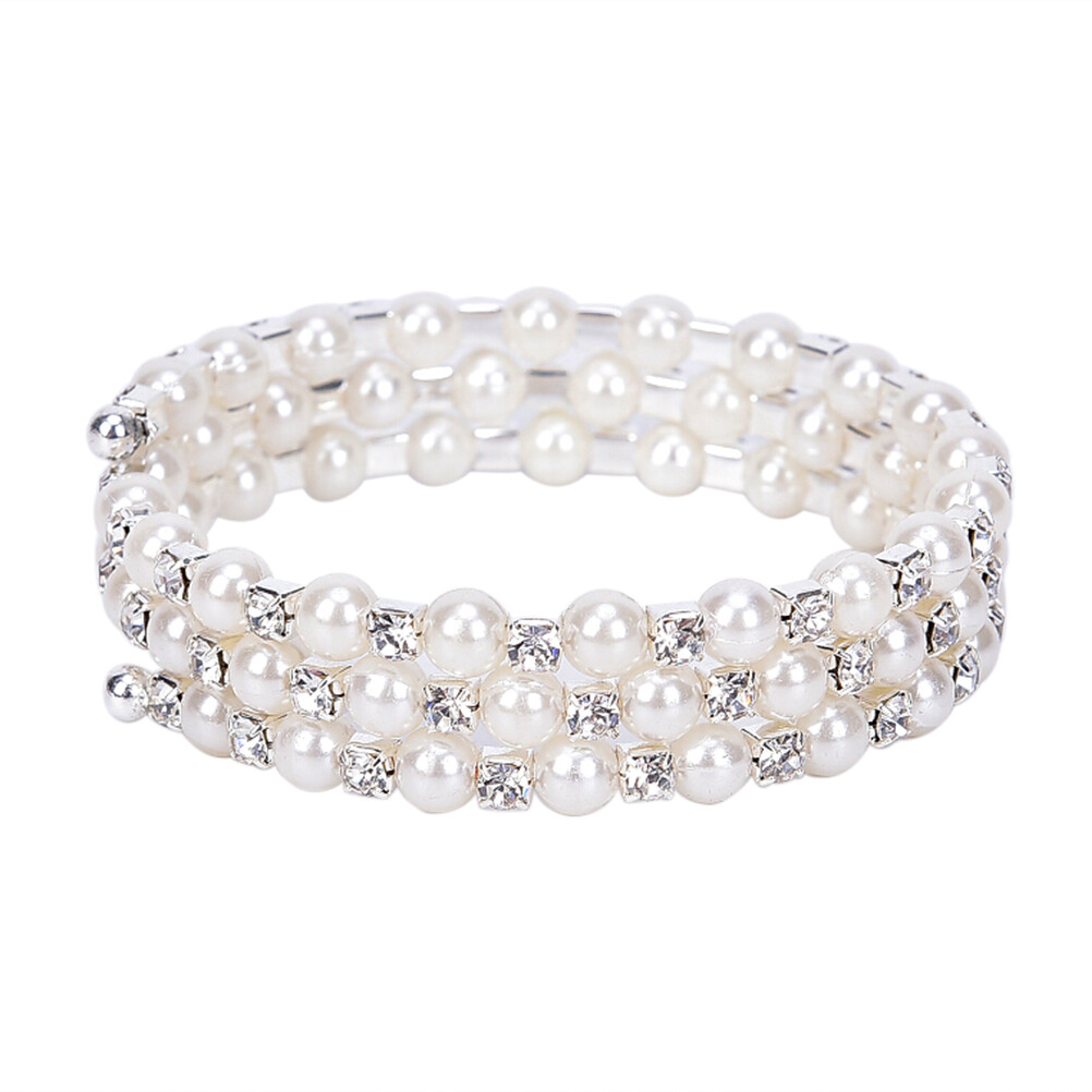 Crystal Pearl Multilayer Wide Elastic Cuff Bracelet Bangle Wristband Jewelry