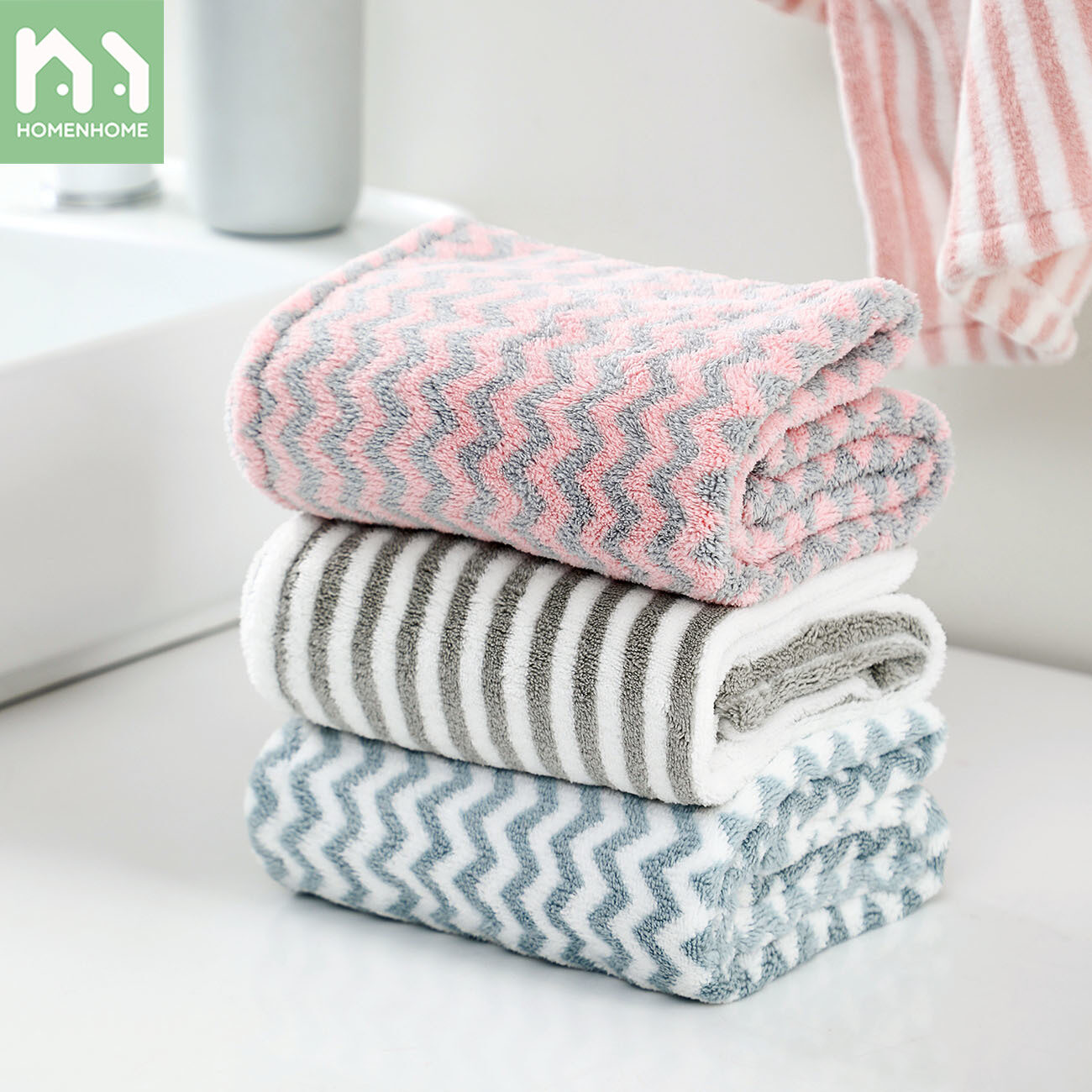 Homenhome Striped Couples Towel Household Thickened Absorbent Washcloth Men and Women Dry Hair Large Towels 35x74cm