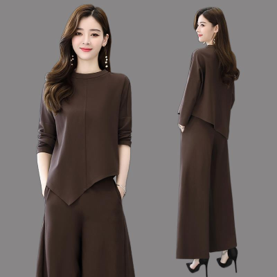 2pcs Women Clothing Individual Set Wear Lady Long Sleeve O Neck Top Blouse and Loose Long Pants Hight Waist Wide Leg Plus Size #702