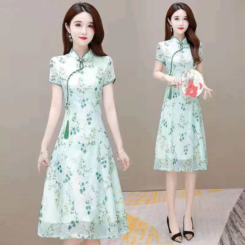 Improved Version Dress Cheongsam Summer Dress 2022 Women's New Dress Elegant Temperament Mid-length Lady Floral Dress