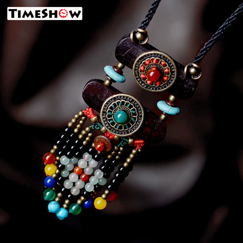 TimeShow Vintage Women Boho Ethnic Bohemian Necklace Stone Beads Slice Pendants Long Rope Chain Jewelry Gifts