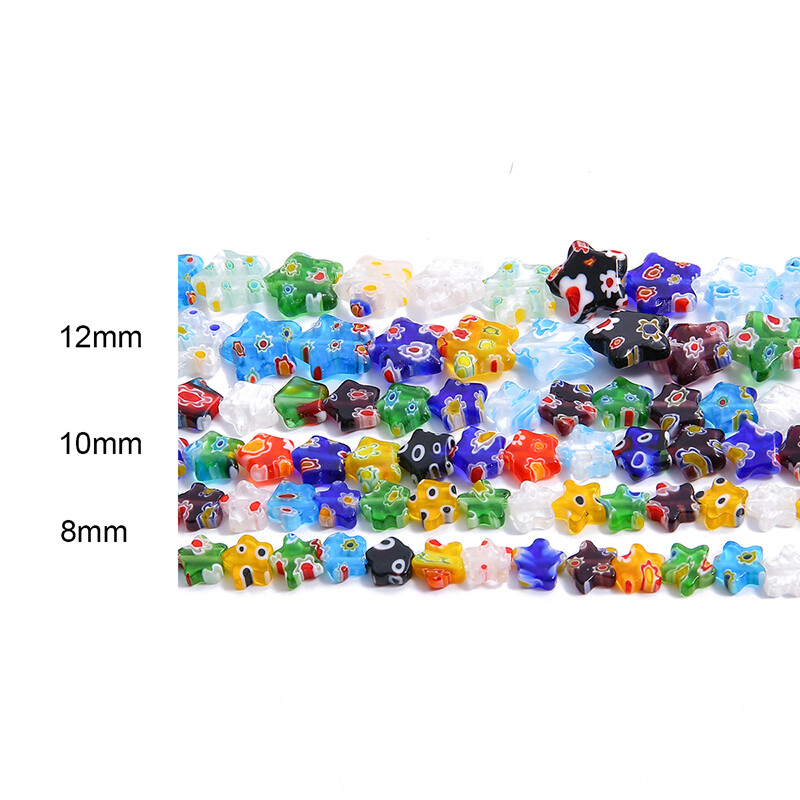 8/10/12mm Mixed Colors Star Shape Flower Patterns Millefiori Glass Lampwork Loose Crafts Beads for Necklace Bracelet Earring Making DIY Jewelry Making Findings Length About 33cm