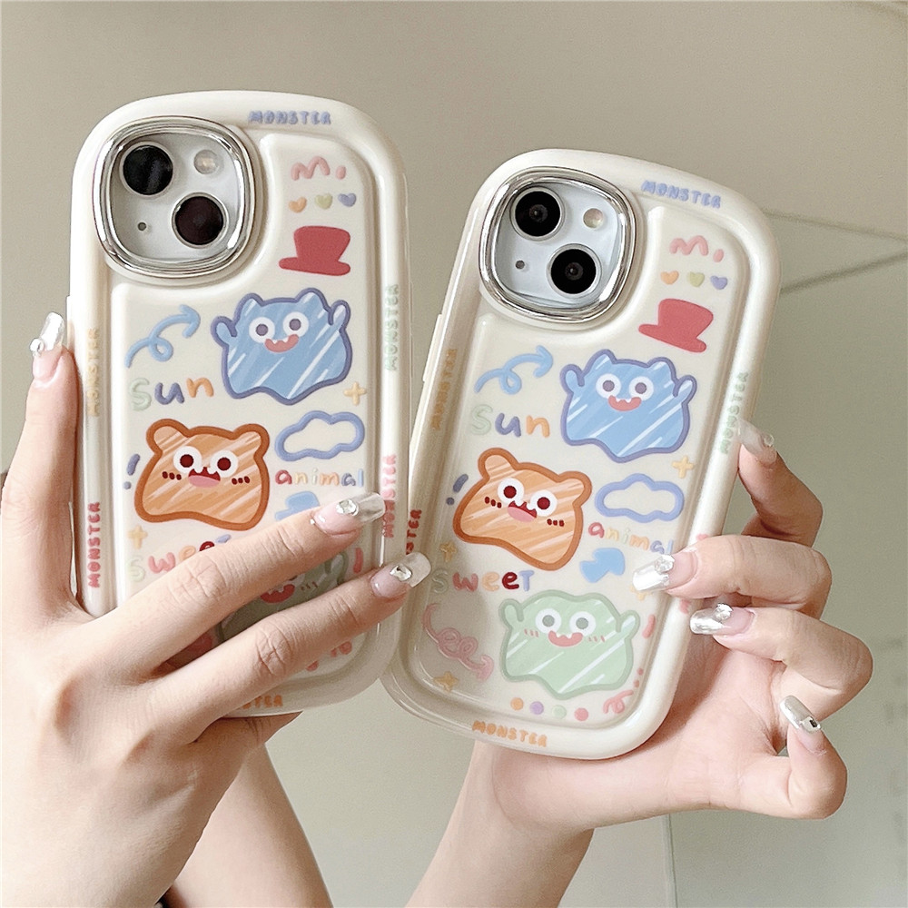 High Quality Electroplating Case for IPhone 11 12 13 14 Pro Max Casing Cute Cartoon Colorful Graffiti Monster Back Cover Couple Shockproof Phone Case