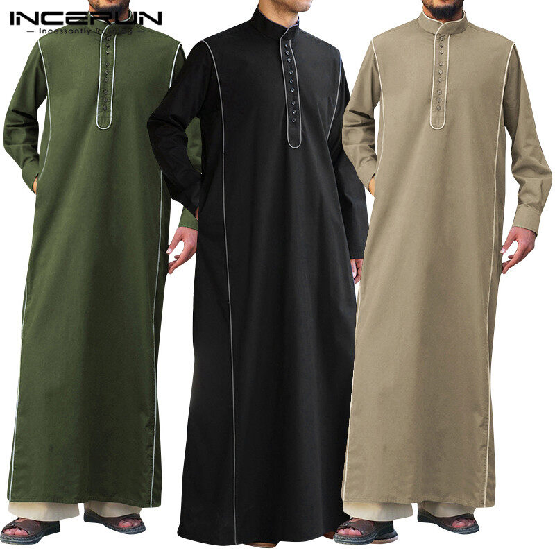 Beehoo INCERUN Jubbaเสื้อคลุมยาวสำหรับผู้ชาย,เสื้อคลุมสไตล์มุสลิมทรงหลวมผ้าอาหรับตะวันออกกลาง