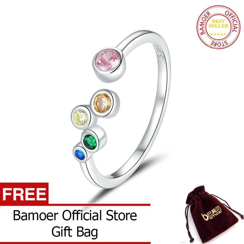 BAMOER Sterling Silver 925 Signet Ring Colorful Bubbles Open Finger Rings for Women Free Size Korean Style Jewelry BSR149