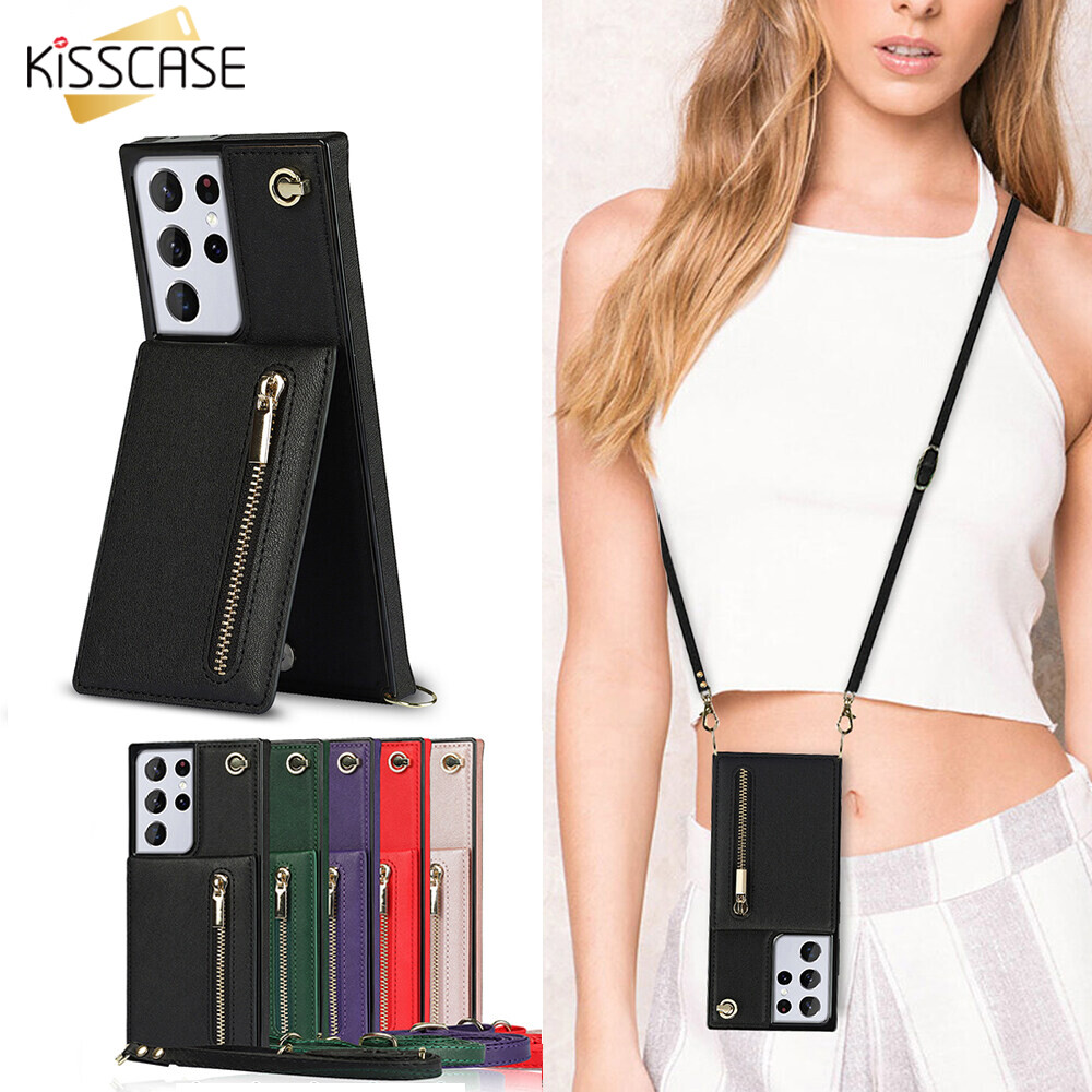KISSCASE For Samsung S23Ultra PU Leather Case Stand Phone Case with Card Slot for Samsung Galaxy S22 Plus S22 S21 S20 Ultra Note20 Ultra Note9 Note10 Pro Diagonal Bag Zipper Wallet Holster Case